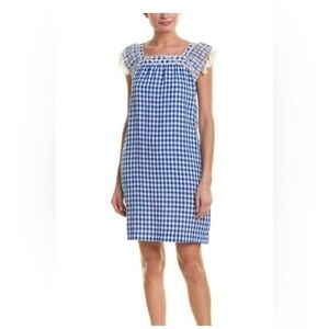 J.McLaughlin 100% linen Sz S gingham white blue tassels embroidered eyelid dress